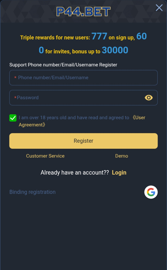 P44 Bet Game registration page