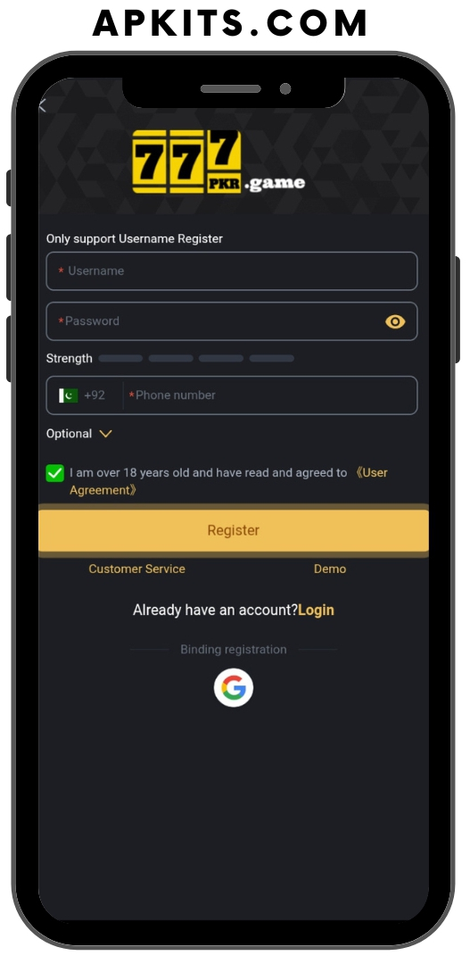 777 PKR Game Download Login and register page