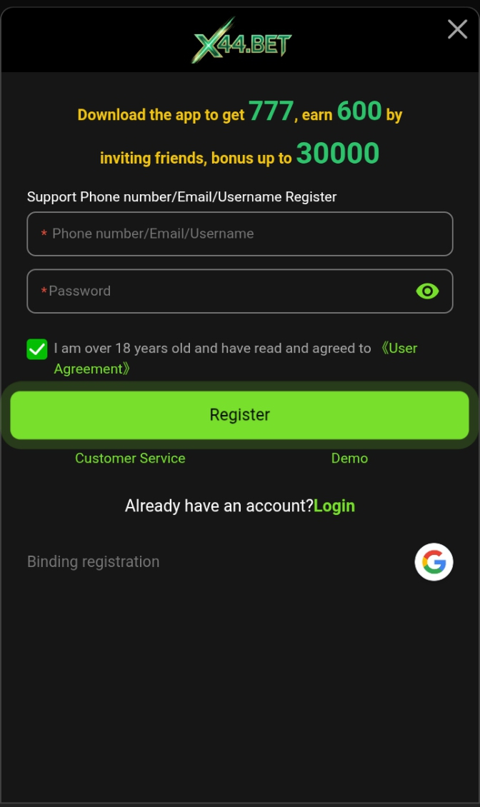 X44 Bet Game Register and login page