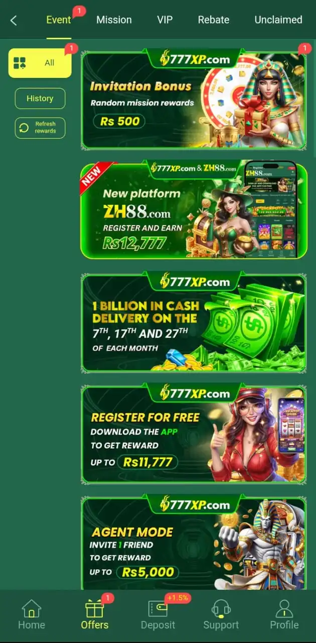 WC777 Game daily bonus rewards screenshot
