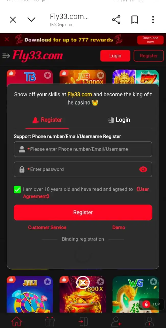 Fly33 Game register process