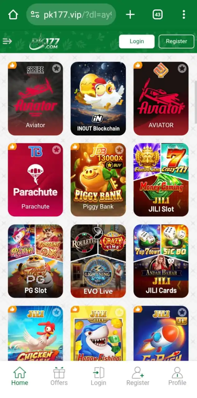 PK177 Game showing user balance, daily rewards, and game options